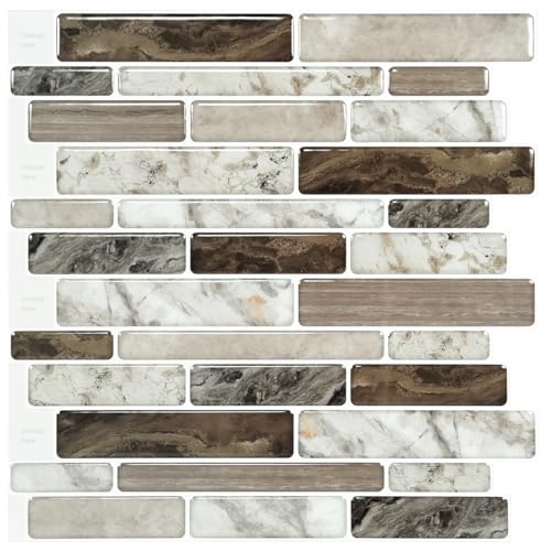 LONGKING Self-Adhesive Kitchen Backsplash, Marble Look Decorative Tiles (10 Tiles) (Multi) - color: Brown