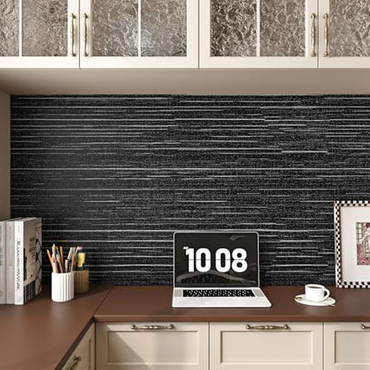 Livelynine 15.8x394 Black Textured Wallpaper Peel and Stick Waterproof Black and White Grasscloth Wall Paper for Bathroom Accent Covering Fabric Vinyl Embossed Textured Contact Paper Renter Friendly - color: Black Grasscloth, size: 15.8" x 394"
