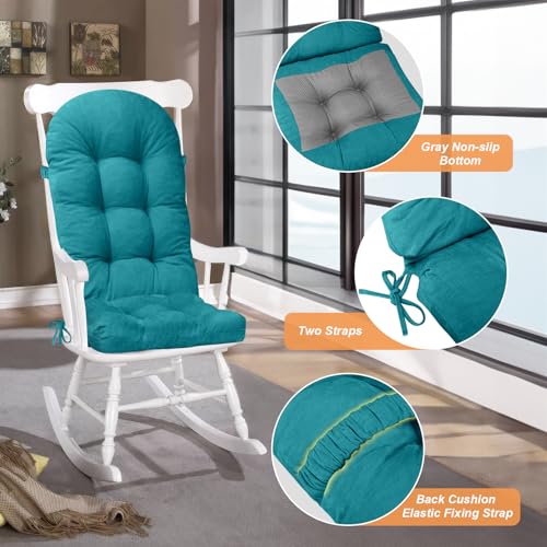 Rocking Chair Cushion - Chenille Fabric, High-Density Sponge, Durable Comfort Non-Slip Bottom Tufted Seat Pads with Ties, Chenille︱Blue, 44x19x4 inch - color: Blue