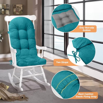 Rocking Chair Cushion - Chenille Fabric, High-Density Sponge, Durable Comfort Non-Slip Bottom Tufted Seat Pads with Ties, Chenille︱Blue, 44x19x4 inch - color: Blue