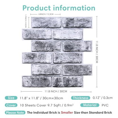 Commomy 3D Wall Panels Peel and Stick Faux Brick 10 Pcs 11.8" x 11.8" - color: Brick-WRC