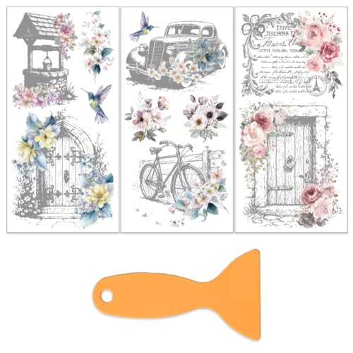 OLYCRAFT 3 Sheets/Set Flowers Rub on Transfers for Furniture and Craft 6x12 Inch Hummingbirds Furniture Decal Transfer Stickers Rub on Decal with 1pc Scraper for Wooden Furniture Home Decorations - style: Flower