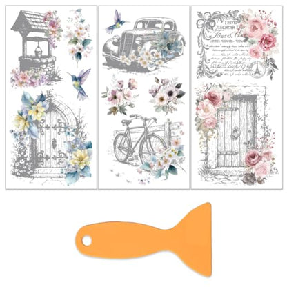 OLYCRAFT 3 Sheets/Set Flowers Rub on Transfers for Furniture and Craft 6x12 Inch Hummingbirds Furniture Decal Transfer Stickers Rub on Decal with 1pc Scraper for Wooden Furniture Home Decorations - style: Flower