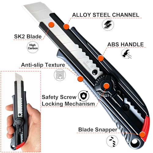 18mm Heavy Duty Utility Knife, Screw Lock Box Cutter with 10pcs SK2 Snap-off Blades, Industrial Grade Cutter for Construction, Industrial & Carpet Work(L702) - color: 18mm-screw Lock-l702