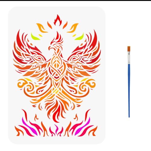 FINGERINSPIRE Phoenix Stencil for Adults Painting 8.3x11.7 inch with Paint Brush Reusable Fire Pattern Drawing Template Hollowed Keltic Knot Flame Phoenix Template Animal Theme Stencil for Adults - color: Phoenix
