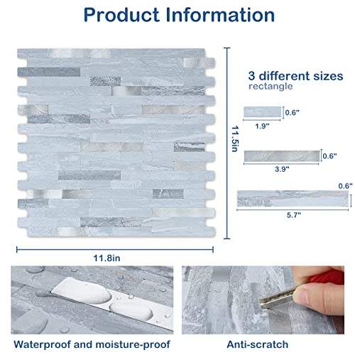 Midcard 10 Sheets Peel and Stick Backsplash PVC Wall Tile,for Kitchen Backsplash - color: Rectangular Light Blue with Metallic Silver
