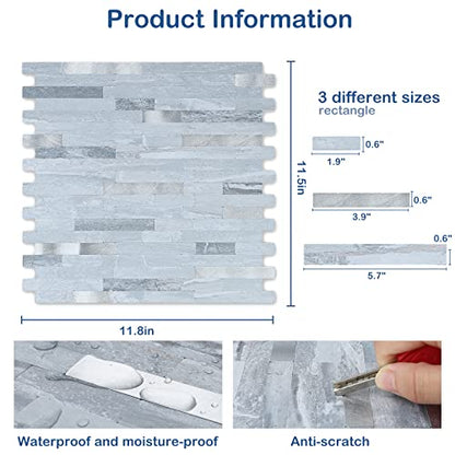 Midcard 10 Sheets Peel and Stick Backsplash PVC Wall Tile,for Kitchen Backsplash - color: Rectangular Light Blue with Metallic Silver