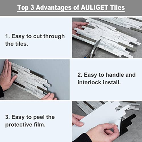 AULIGET 20 Sheets Faux Stone Peel and Stick Backsplash, Beige Marble Look PVC Wall Tiles Stick on Backsplash for Kitchen - color: Stone Beige + Metal Copper, size: 20 Sheets, 6"x12"x0.12"