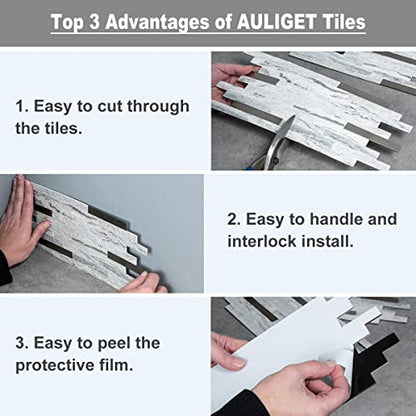 AULIGET 20 Sheets Faux Stone Peel and Stick Backsplash, Beige Marble Look PVC Wall Tiles Stick on Backsplash for Kitchen - color: Stone Beige + Metal Copper, size: 20 Sheets, 6"x12"x0.12"