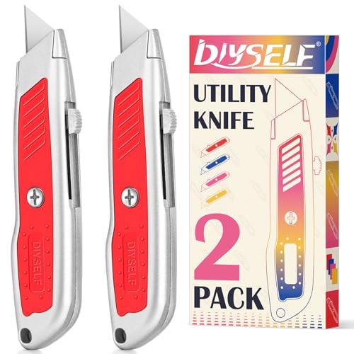 DIYSELF 2 Pack Box Cutters, Retractable Utility Knife with SK5 Steel Blades - color: Silver-red, size: 2-Pack