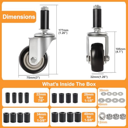 3 Inches Prep Table Wheels, Expanding Stem Casters, Threaded Swivel Casters Set of 4 Heavy Duty Castors Fit 7/8",1-1/4",1-1/2"and 1-5/8"ID Tube Pipe Legs for Stainless Steel Kitchen Cart,Shelving Rack - style: No Brake