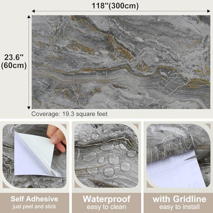 Gray and Gold Peel and Stick Countertops Glossy Marble Granite Contact Paper 23.6"x118" Removable Waterproof Marble Vinyl Wrap Wallpaper for Kitchen Bathroom Self Adhesive Counter Top Cover - color: Glossy Grey, size: 23.6" x 118"