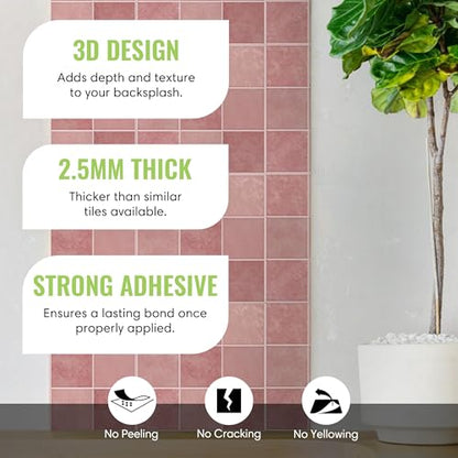 Select 5 Pack Peel and Stick Backsplash Square Tiles, 12x12 in, Pink - color: Pink, size: Square Shape