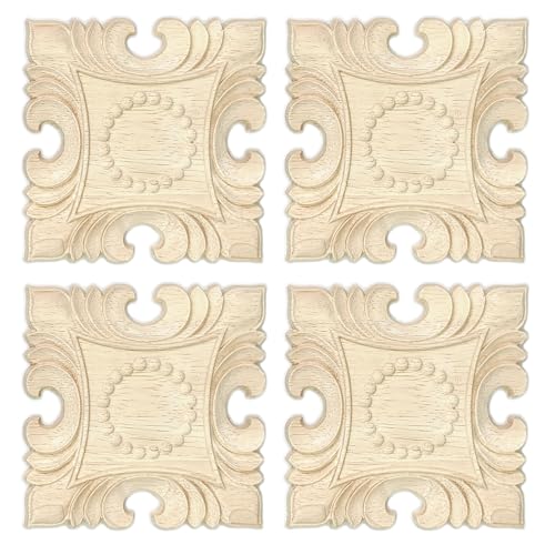4 Pcs Decorative Wood Flower Carved Appliques Onlays Decals, 4 x 4 Inch Unpainted Solid Wooden Square Carving Decal Trim Applique for Furniture Cabinet Closet Decoration - size: 4 x 4inch-4pcs