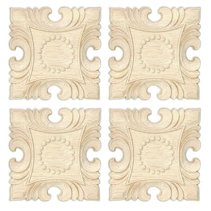 4 Pcs Decorative Wood Flower Carved Appliques Onlays Decals, 4 x 4 Inch Unpainted Solid Wooden Square Carving Decal Trim Applique for Furniture Cabinet Closet Decoration - size: 4 x 4inch-4pcs