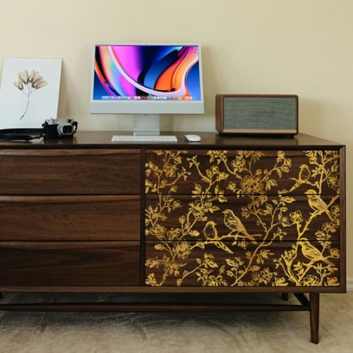 Peacoblue Gold Branches and Birds Rub On Transfers for Furniture 6"x12" - style: Gradient Gold Branches and Birds