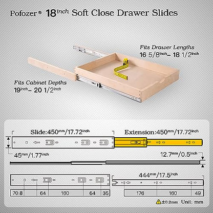 18 Inch Soft Close Drawer Slides – 6 Pairs, Heavy Duty Ball Bearing, Full Extension for Cabinets and Dressers, 100 LB Capacity - size: 18 Inch