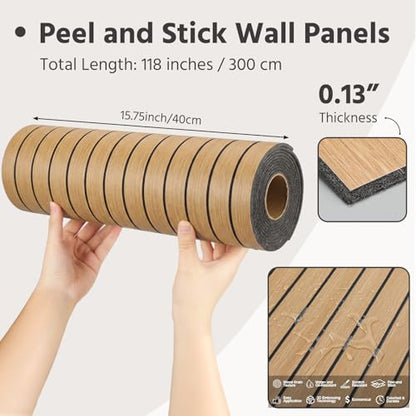 Geelin Peel and Stick PVC Wood Slat Wall Panel Decor 118" x 15.75", Oak - color: Oak