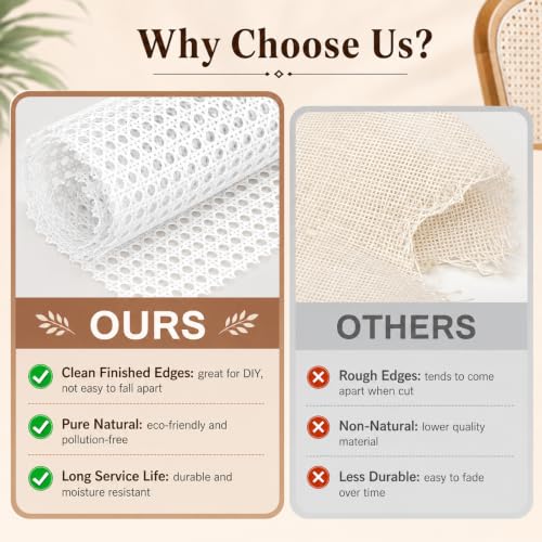 Reaeng Rattan Repair Kit for Chair Caning, Complete Furniture Restoration Kit with 15.7 x 39.4 Inch Cane Webbing Roll, Spline, 2 Caning Chisels and 8 Wooden Wedges - color: White