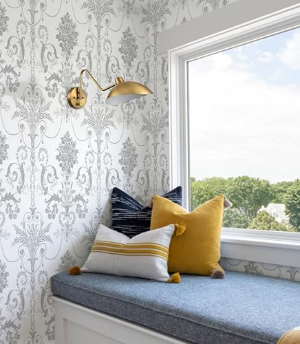Silver Gray Removable Wallpaper Damascus Floral Peel and Stick Wallpaper - color: Silver/Gray, size: 17.3" x 197"