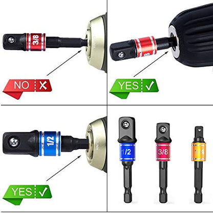 CIGOTU Impact Grade Power Hand Tools Driver Sockets Adapter Extension Set, 3Pcs 1/4 3/8 1/2" Hex Shank Drill Nut Driver Bit Set + 105 Degree Right Angle Driver Extension Screwdriver Drill Attachment - color: 3black+1silver
