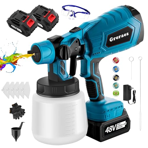 Cordless Paint Sprayer with 2 * 48v Batteries, Hvlp Electric Paint Sprayer Gun with 1000ml Container, 3 Patterns, Hand Held Paint Sprayer for House Painting, Cabinets, Walls, DIY Projects