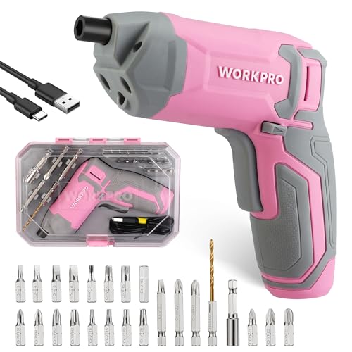 WORKPRO Pink Cordless Screwdriver Set, Rechargeable Eccentric Screwdriver