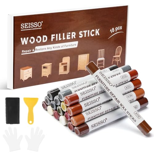 Wood Filler Sticks, 18 Colors Wood Wax Crayons, SEISSO Furniture Repair Scratch Wax Stick Pen kit for Touch Ups Scratches, Scuffs, Cracks, Nail Holes of Hardwood Floors, Cabinets, Tables, Doors - color: 18 Count (Pack of 1)