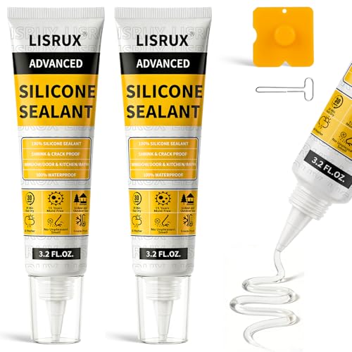 LISRUX Advanced Clear Silicone Caulk for Kitchen & Bathroom - 2 Pack (3.2 Fl Oz Each) | 100% Waterproof Silicone Sealant | Super Strong Adhesion, Shrink & Crack Proof - size: Clear-2P