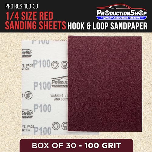 ProductionShop Premium Red 100 Grit 1/4 Sheet Size Red Sanding Sheets, Box of 30 - Hook & Loop Backing Sandpaper, Coarse-Cut Abrasive - Fits Palm Sanders, Hand Sanding Blocks - Woodworking, Auto Paint - style: 100 Grit