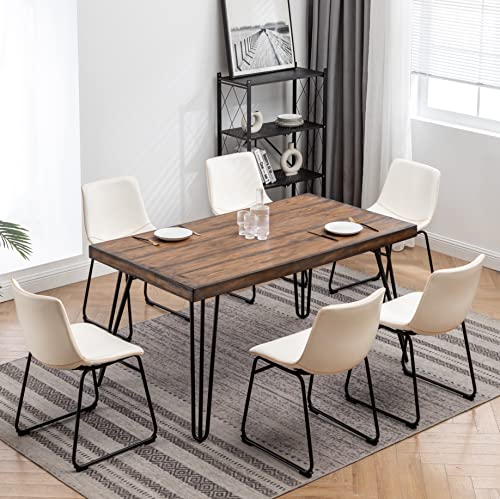 7-Piece Industrial Dining Set with 6 Faux Leather Chairs, Brown - color: Brown-a