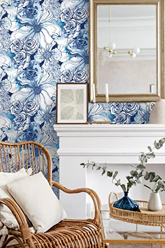 NextWall Harry & Grace Ink Rose Abstract Floral Peel and Stick Wallpaper (Celtic Blue) - color: Celtic Blue
