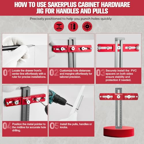 SakerPlus Cabinet Hardware Jig,Adjustable Cabinet Handle Template Tool for Knobs,Handles and Pulls,Straight Alignment Holes Drill Guide Self Centering Punch Locator for Drawer Cabinet Installation