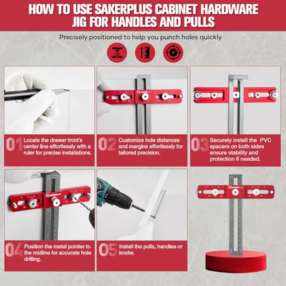 SakerPlus Cabinet Hardware Jig,Adjustable Cabinet Handle Template Tool for Knobs,Handles and Pulls,Straight Alignment Holes Drill Guide Self Centering Punch Locator for Drawer Cabinet Installation