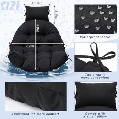 Tudomro Waterproof Egg Chair Cushion with Pillow Filling 2.58 kg Replacement Rocking Wicker Chair Cushion 48" x 32" High Back Hanging Swing Hammock Pad Thicken for Outdoor Patio Garden(Black) - color: Black