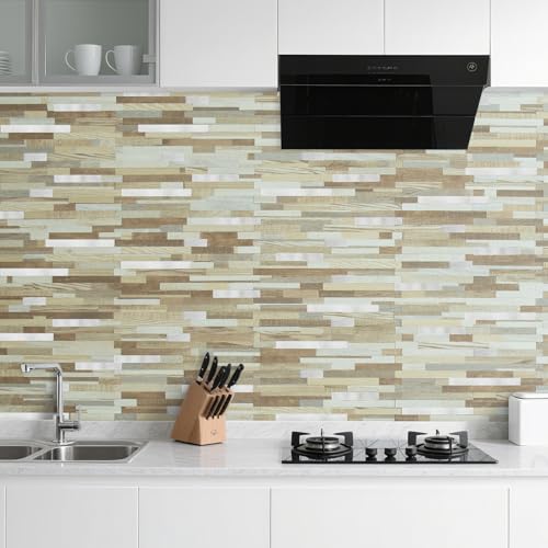 AULIGET 2 Sheets Beige & Brown Wood Peel and Stick Backsplash, PVC Mixed Metal Silver Wall Tile Stick on Backsplash for Kitchen and Bathroom - color: Beige & Brown Wood + Metal Silver, size: 2 Sheets, 6"x12"x0.12"