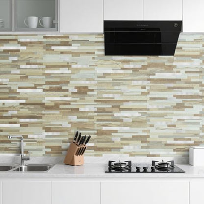 AULIGET 2 Sheets Beige & Brown Wood Peel and Stick Backsplash, PVC Mixed Metal Silver Wall Tile Stick on Backsplash for Kitchen and Bathroom - color: Beige & Brown Wood + Metal Silver, size: 2 Sheets, 6"x12"x0.12"