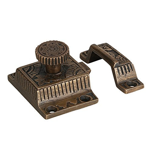 A29 Cabinet Latch, Solid Brass, Antique Brass, Flower Knob - color: Weathered Bronze-F