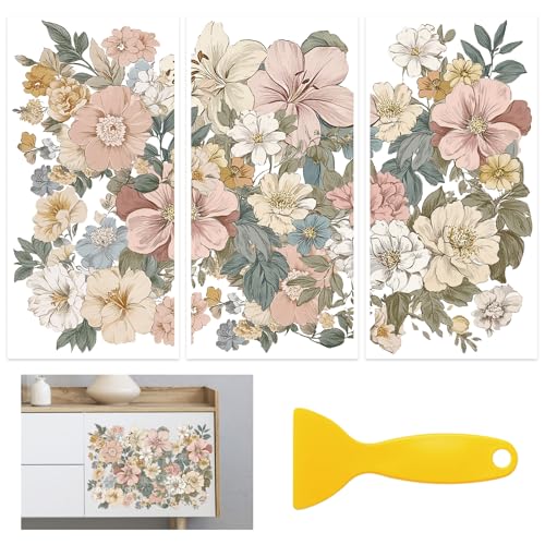 Floral Rub On Transfers for Furniture and Crafts, 3pcs Large Vintage Flowers Transfers Stickers Waterproof Decals for Bookcase Wardrobe DIY Home Door - color: Vintage Floral