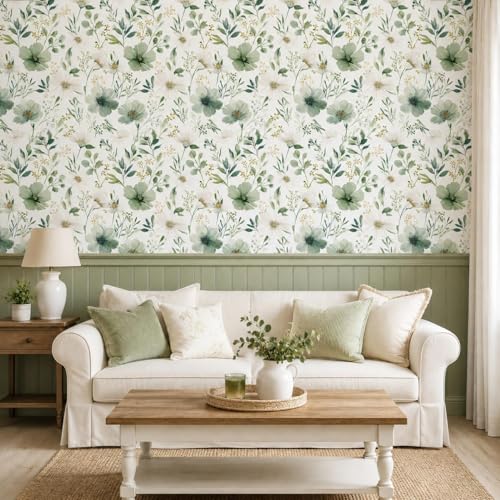 Sage Green Floral Peel and Stick Wallpaper 17.7" x 118" - color: Sage Green & White, size: 17.7" x 118"
