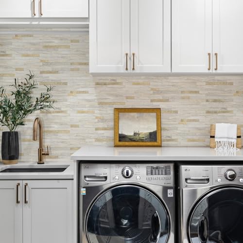 STICKGOO 20 Sheets Peel and Stick Backsplash Tile, Stick on Backsplash for Kitchen and Bathroom, Sunny Beige Look PVC Mixed Metal Gold Self Adhesive Wall Tiles - color: Sunny Beige + Metal Gold