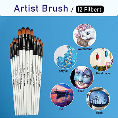 Falling in Art 12 PCS Professional Filbert Paint Brushes Set - style: 12 Pcs Filbert