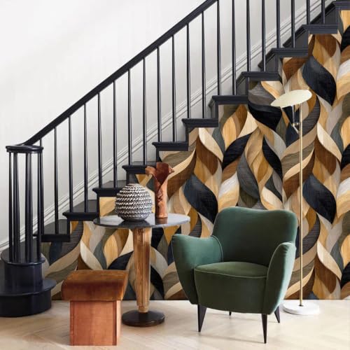 Wood Grain Modern Wavy Wallpaper Self Adhesive Peel and Stick Abstract Geometric Brown Grey Wall Paper Removable Waterproof for Bedroom Renter Friendly 17.71"x236.2" - color: QZ-HL00335-5a, size: 17.7" x 236.2"