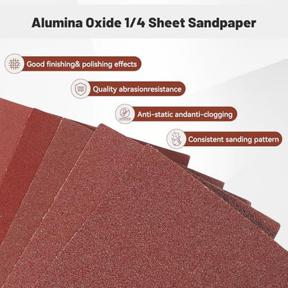 1/4 Sandpaper Sheet – 4-1/2” x 5-1/2”, P80 Grit, Red Aluminum Oxide, Plain Backing, 50-Pack – Sandpaper Sheets for Palm Sanders and Woodworking