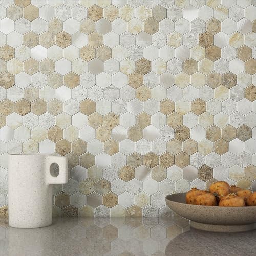 Peel and Stick Backsplash Hexagon Marble Tiles Castle Brown 5pcs - color: Castle Brown, size: 5sheets