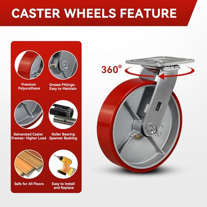 8"x2" Industrial Casters- Heavy Duty casters,Polyurethane Casters Wheel,Capacity up to 6000 Lb. Use for Platform Truck, U-Boat Cart,Workbenches(4 Swivel) - style: 8 inch