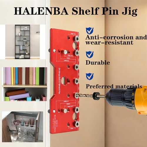 HALENBA Shelf Pin Jig 1/4" and 5mm,All-Metal Self-Contained Clamping Function Drill for Straight Holes,Hardware Jig,Shelf Pin Drilling Template, Woodworking Tools