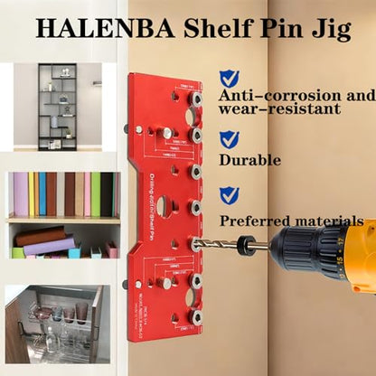 HALENBA Shelf Pin Jig 1/4" and 5mm,All-Metal Self-Contained Clamping Function Drill for Straight Holes,Hardware Jig,Shelf Pin Drilling Template, Woodworking Tools