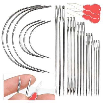 Pikdmin 21+3 Pcs Heavy Duty Hand Sewing Needles Kit, 15 Leather Hand Sewing Needle 6 Curved Needle and 3 pcs Needle threaders for Home Upholstery,Leather Needles for Hand Sewing,Carpet Canvas Repair - size: 21PCS&7SIZE