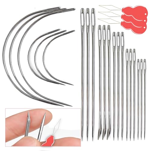 Pikdmin 21+3 Pcs Heavy Duty Hand Sewing Needles Kit, 15 Leather Hand Sewing Needle 6 Curved Needle and 3 pcs Needle threaders for Home Upholstery,Leather Needles for Hand Sewing,Carpet Canvas Repair - size: 21PCS&7SIZE